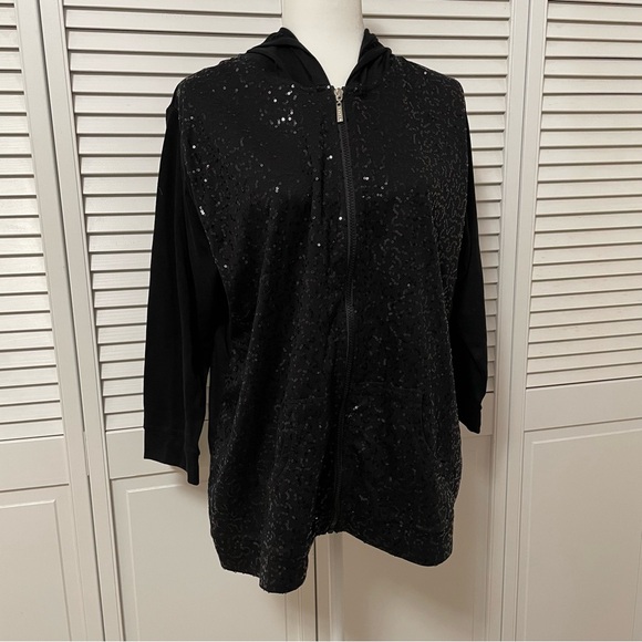 NWOT Quacker Factory XL Black 3/4 Sleeve Sequin Scroll Knit Jacket with Hood - Picture 3 of 15